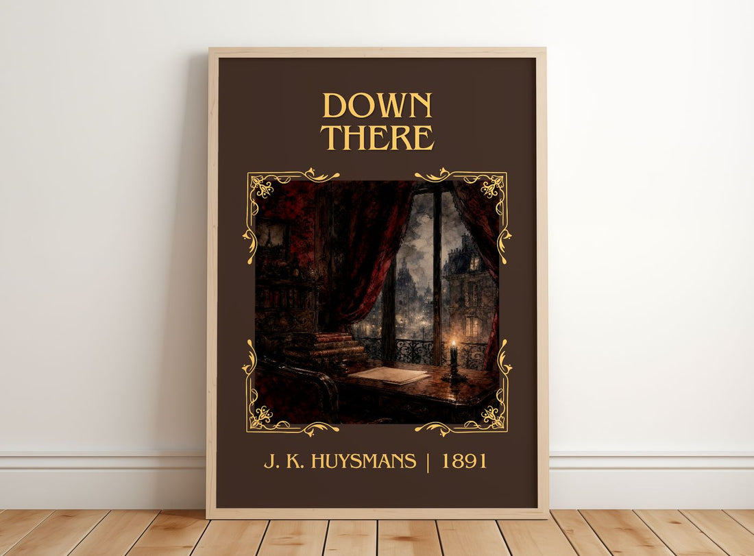 Down There Classic Book Art Print by J. K. Huysmans – framed print leaning on a wooden floor
