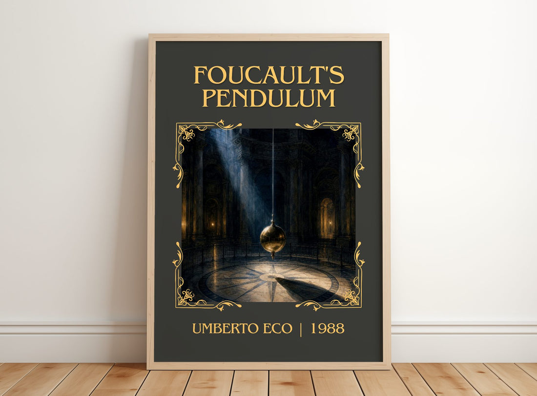 Foucault's Pendulum Classic Book Art Print by Umberto Eco – framed print leaning on a wooden floor