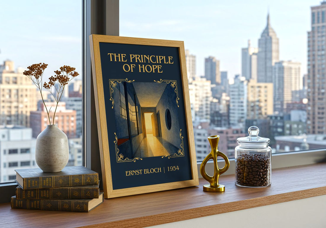 The Principle Of Hope Classic Book Art Print by Ernst Bloch – framed print on a city-view windowsill