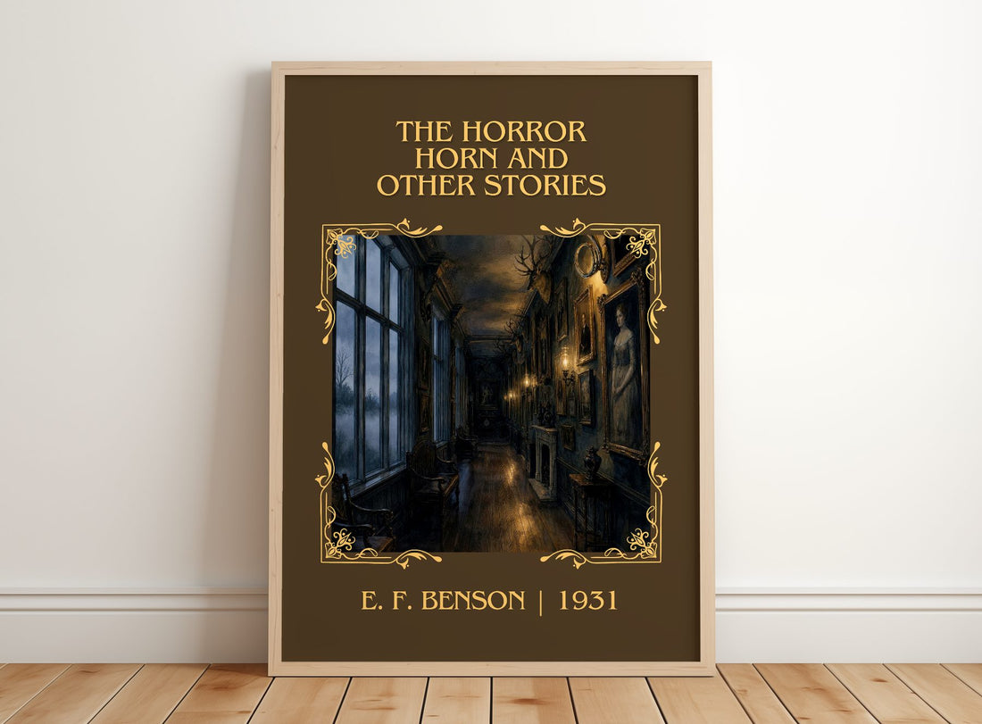 Horror Horn And Other Stories Classic Book Art Print by E. F. Benson – framed print leaning on a wooden floor
