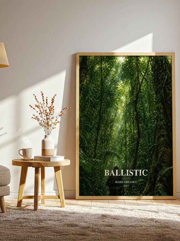 Ballistic watercolour print in frame leaning in hallway – thriller wall art