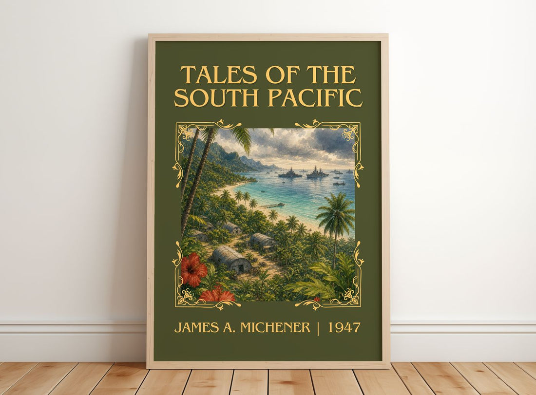 Tales of the South Pacific Classic Book Art Print by James A. Michener – framed print leaning on a wooden floor