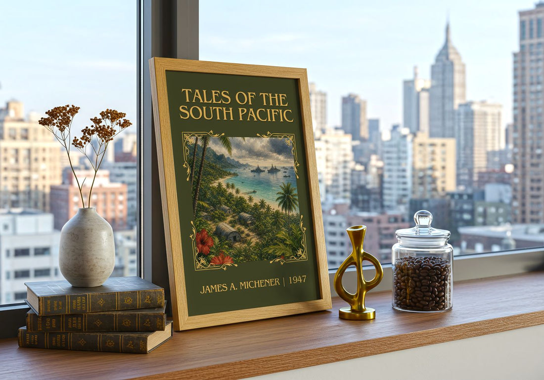 Tales of the South Pacific Classic Book Art Print by James A. Michener – framed print on a city-view windowsill