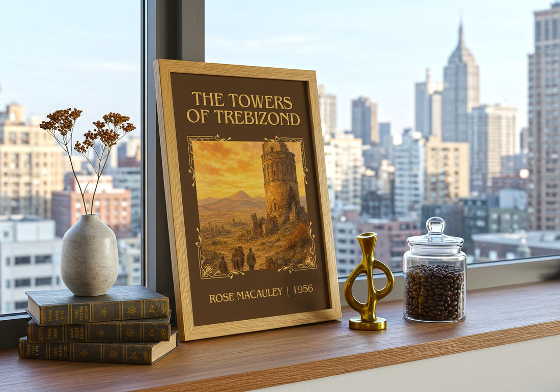 The Towers Of Trebizond Classic Book Art Print by Rose Macauley – framed print on a city-view windowsill