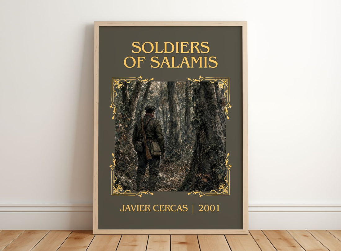 Soldiers of Salamis Classic Book Art Print by Javier Cercas – framed print leaning on a wooden floor
