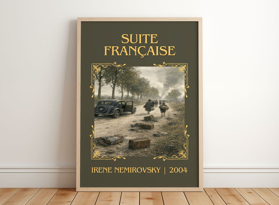 Suite Française Classic Book Art Print by Irène Némirovsky – framed print leaning on a wooden floor