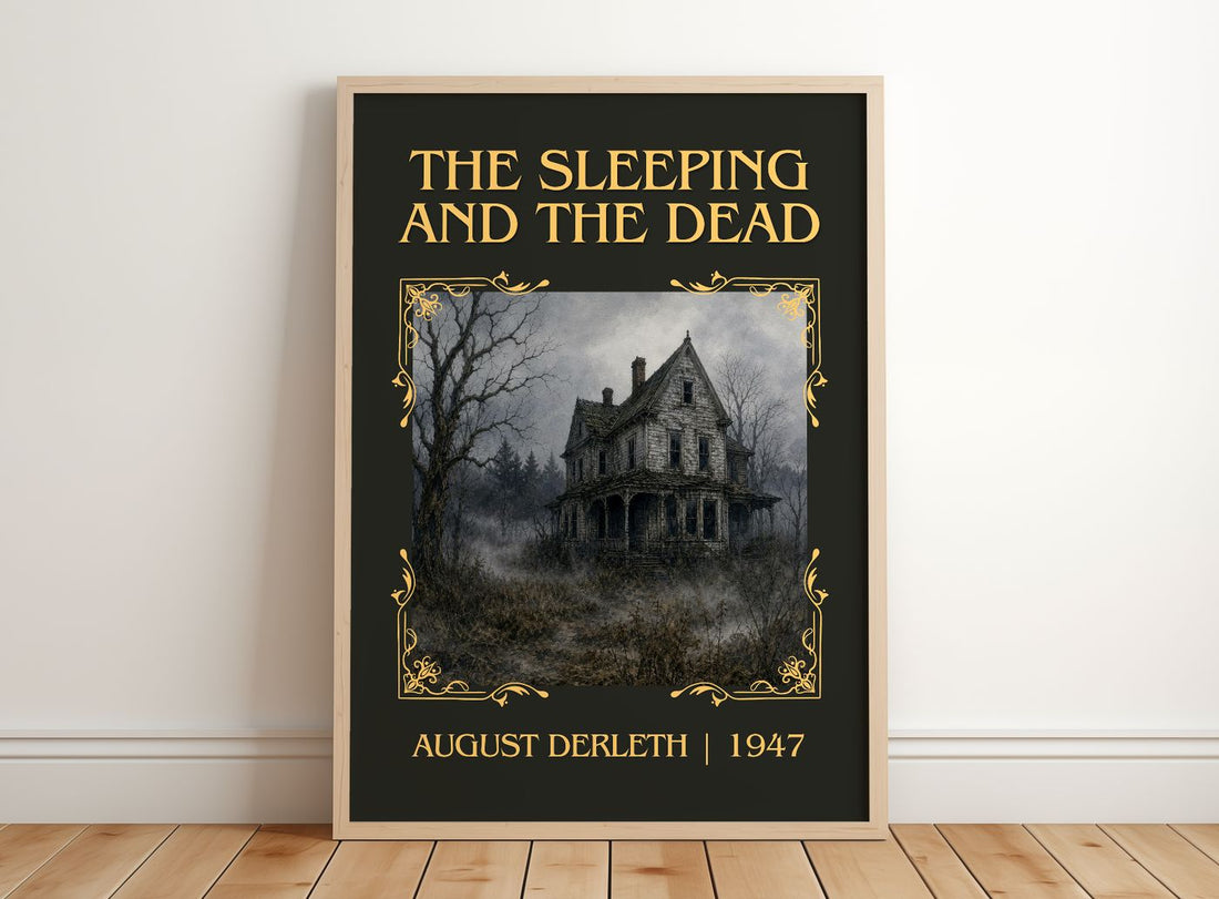 The Sleeping And The Dead Classic Book Art Print by August Derleth – framed print leaning on a wooden floor