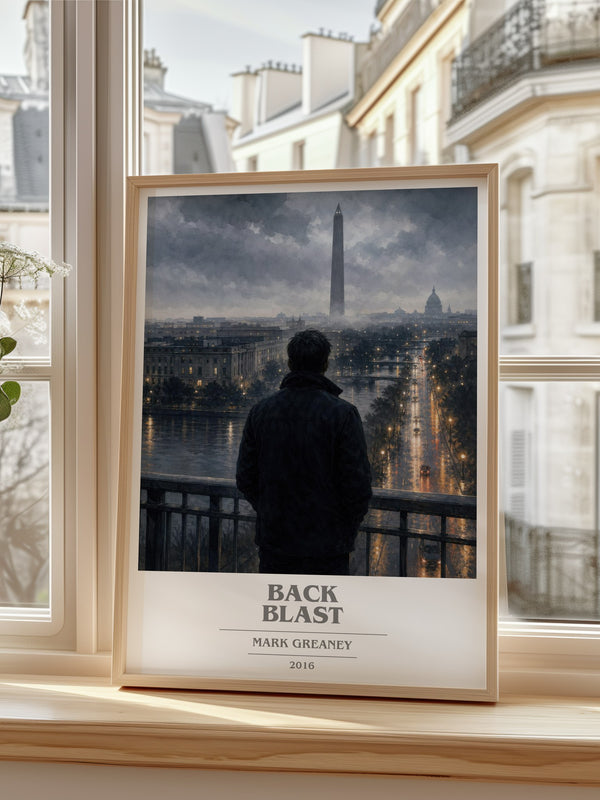Back Blast Book Cover Poster by Mark Greaney – framed print by a bright window