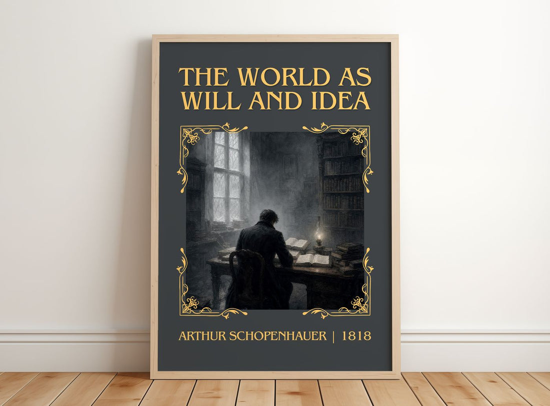 World as Will and Idea Classic Book Art Print by Arthur Schopenhauer – framed print leaning on a wooden floor