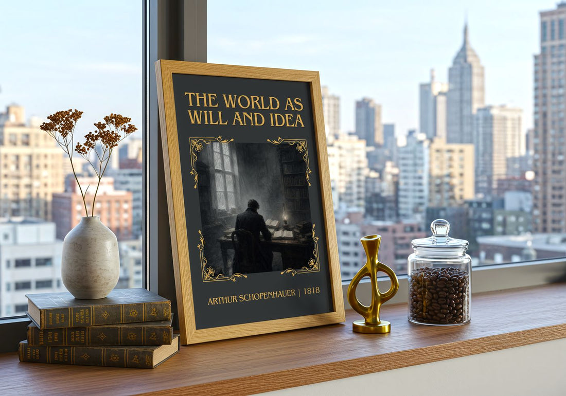World as Will and Idea Classic Book Art Print by Arthur Schopenhauer – framed print on a city-view windowsill