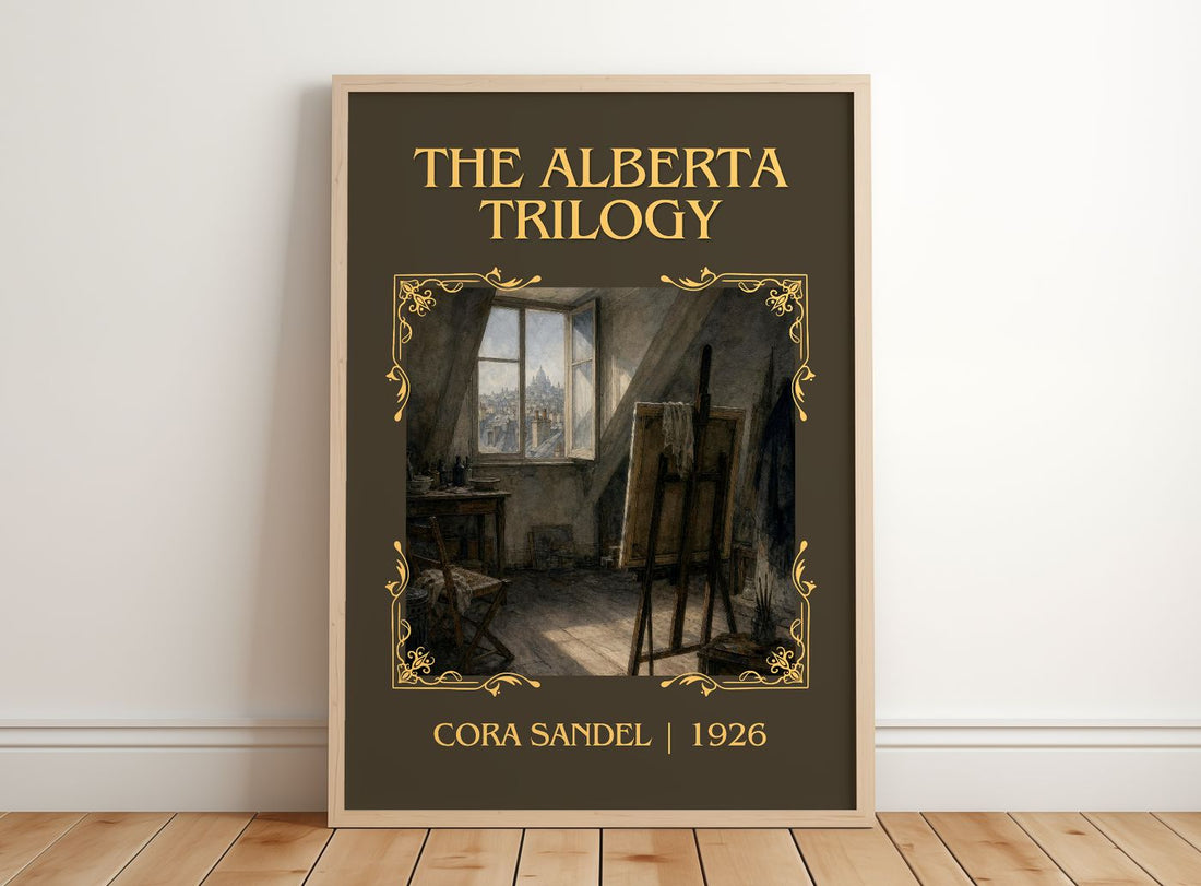 The Alberta Trilogy Classic Book Art Print by Cora Sandel – framed print leaning on a wooden floor