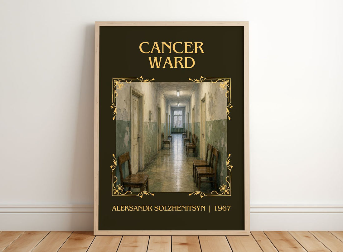 Cancer Ward Classic Book Art Print by Aleksandr Solzhenitsyn – framed print leaning on a wooden floor
