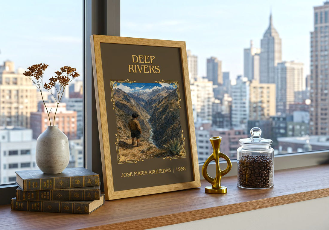 Deep Rivers Classic Book Art Print by José María Arguedas – framed print on a city-view windowsill