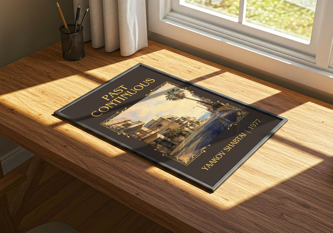 Past Continuous Classic Book Art Print by Yaakov Shabtai – print on a sunlit desk