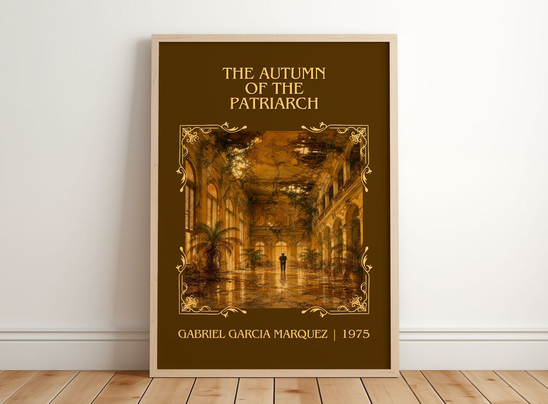 Autumn of the Patriarch Classic Book Art Print by G. Márquez – framed print leaning on a wooden floor