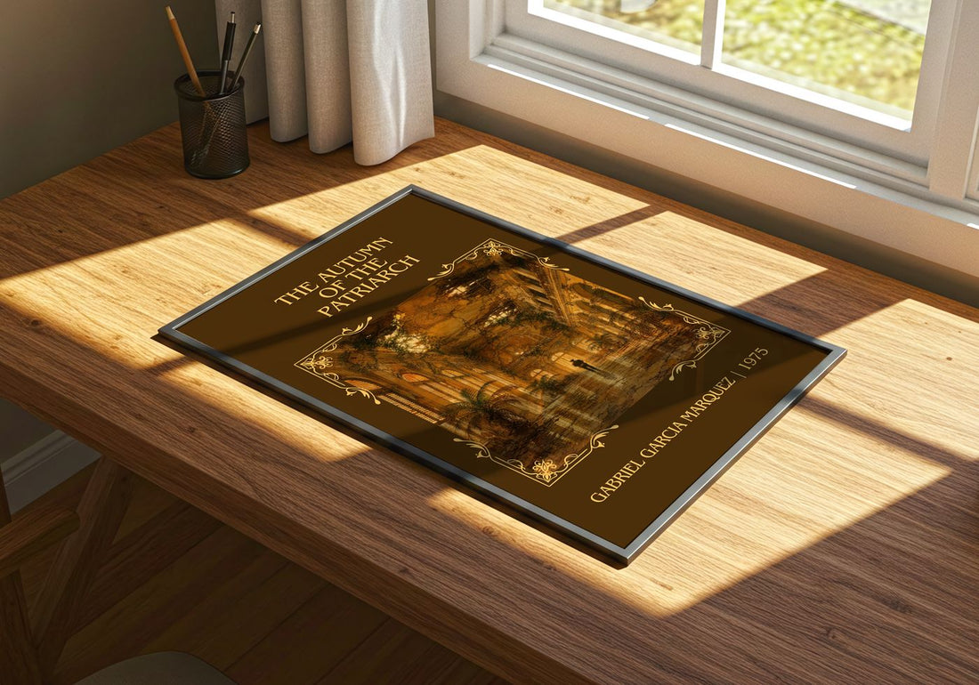 Autumn of the Patriarch Classic Book Art Print by G. Márquez – print on a sunlit desk