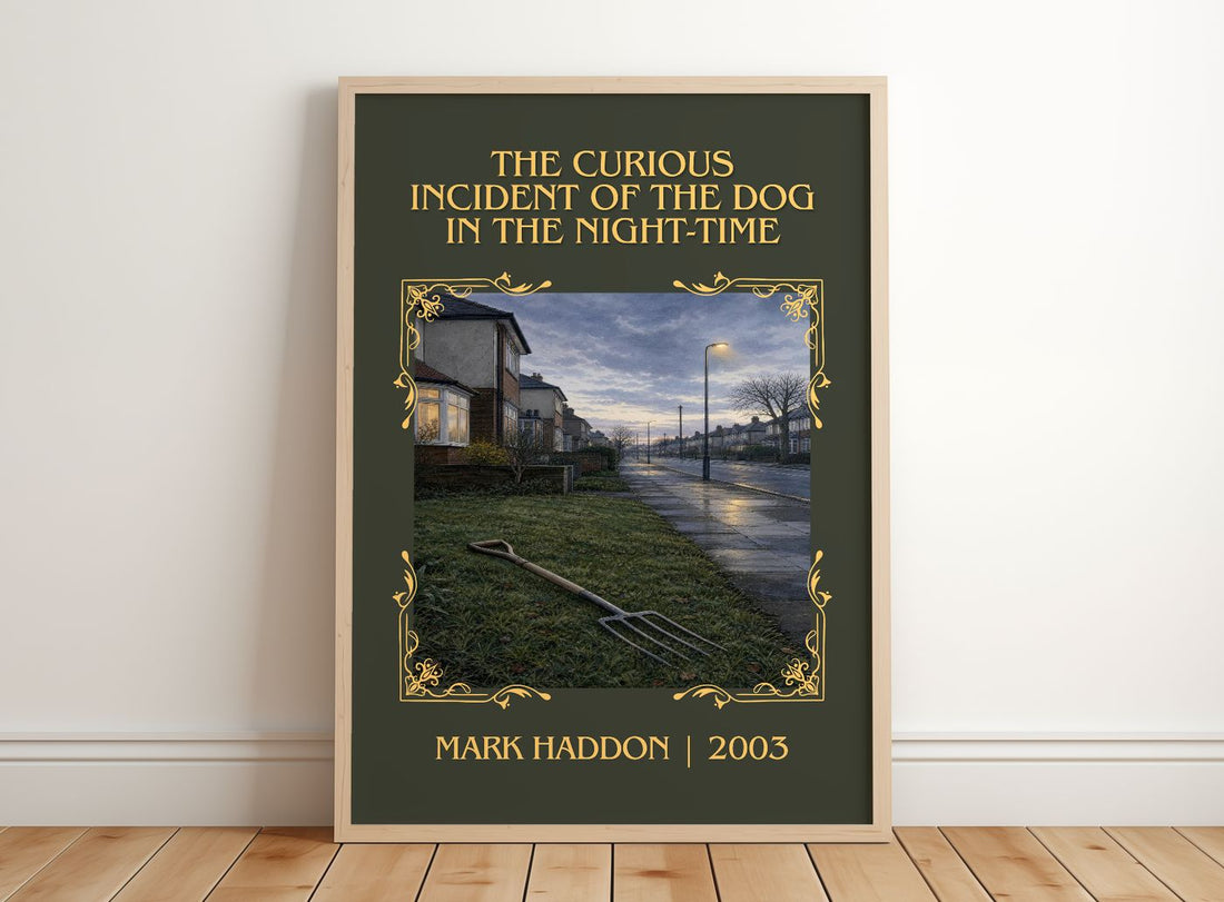 The Curious Incident of the Dog in the Night-time Classic Book Art Print by Mark Haddon – framed print leaning on a wooden floor