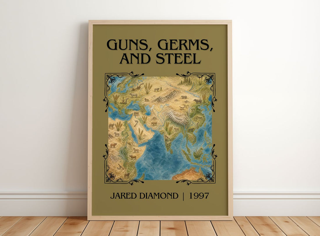 Guns, Germs, and Steel Classic Book Art Print by Jared Diamond – framed print leaning on a wooden floor