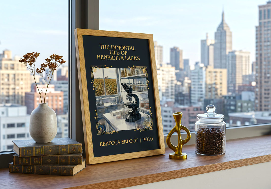Immortal Life of Henrietta Lacks Classic Book Art Print by R. Skloot – framed print on a city-view windowsill