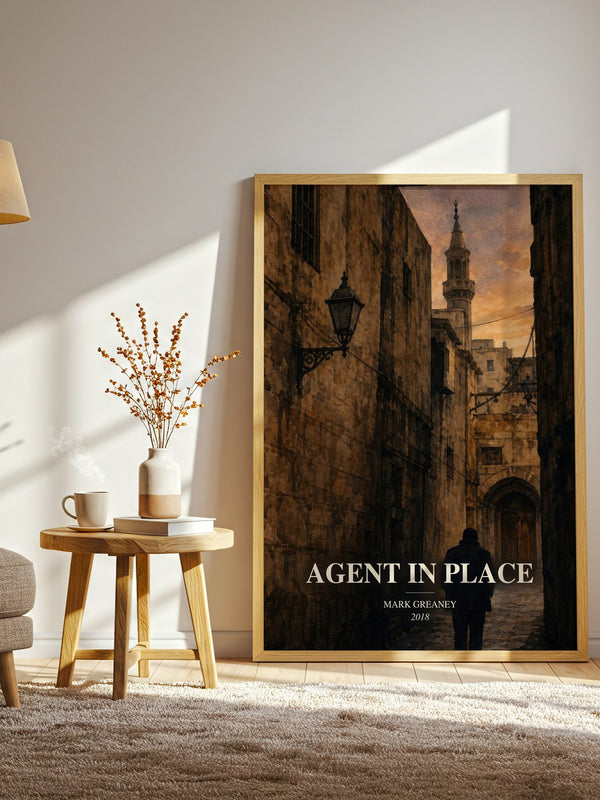 Agent In Place watercolour print in frame leaning in hallway – thriller wall art
