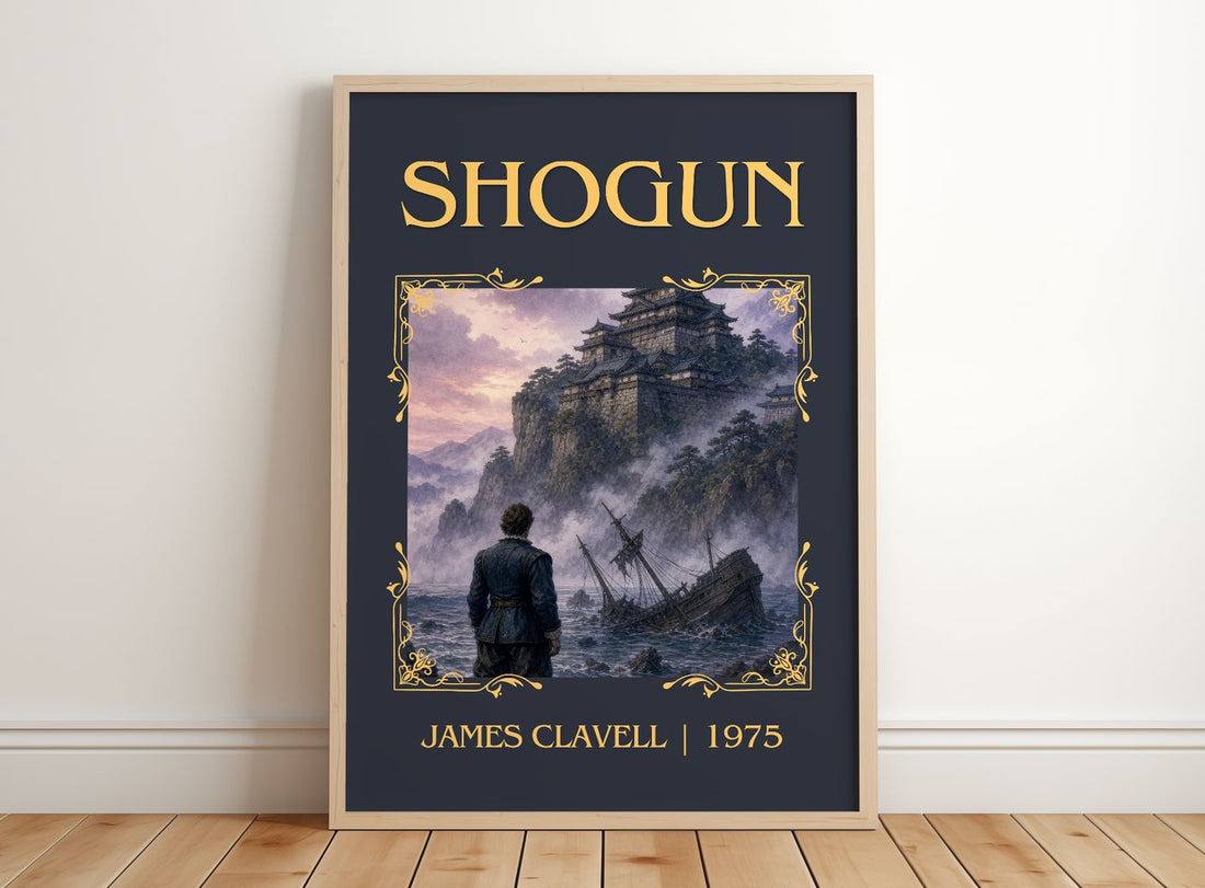 Shogun Classic Book Art Print by James Clavell – framed print leaning on a wooden floor