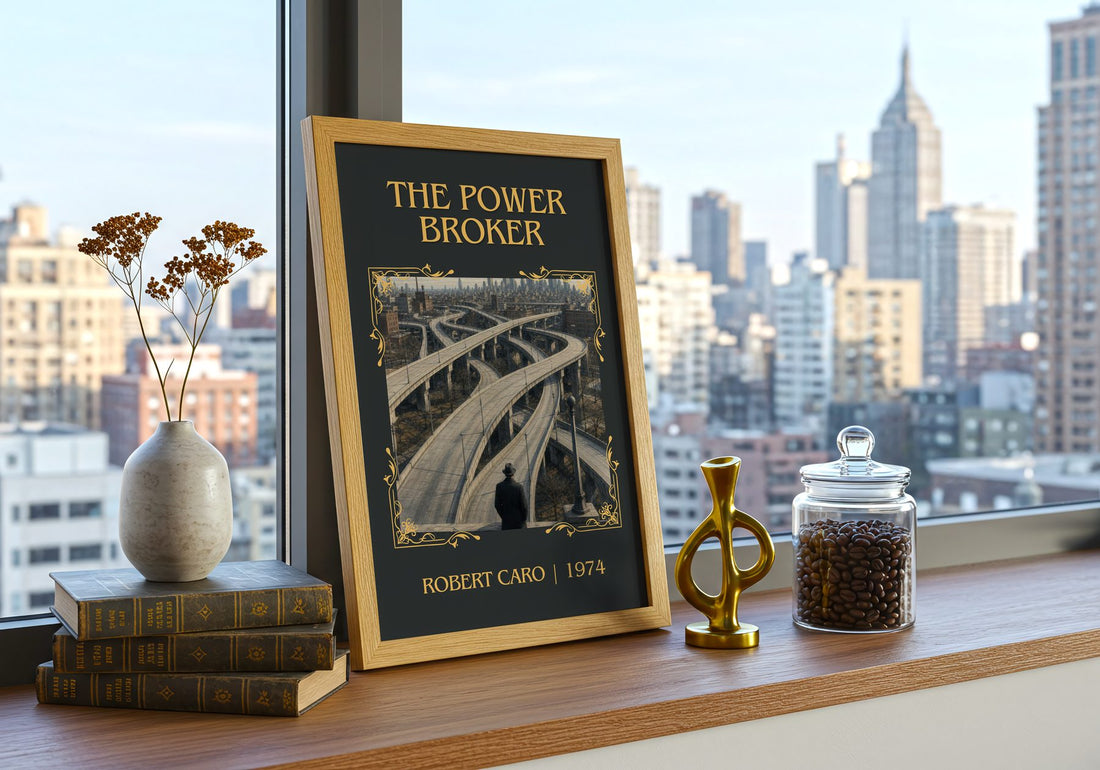 The Power Broker Classic Book Art Print by Robert Caro – framed print on a city-view windowsill