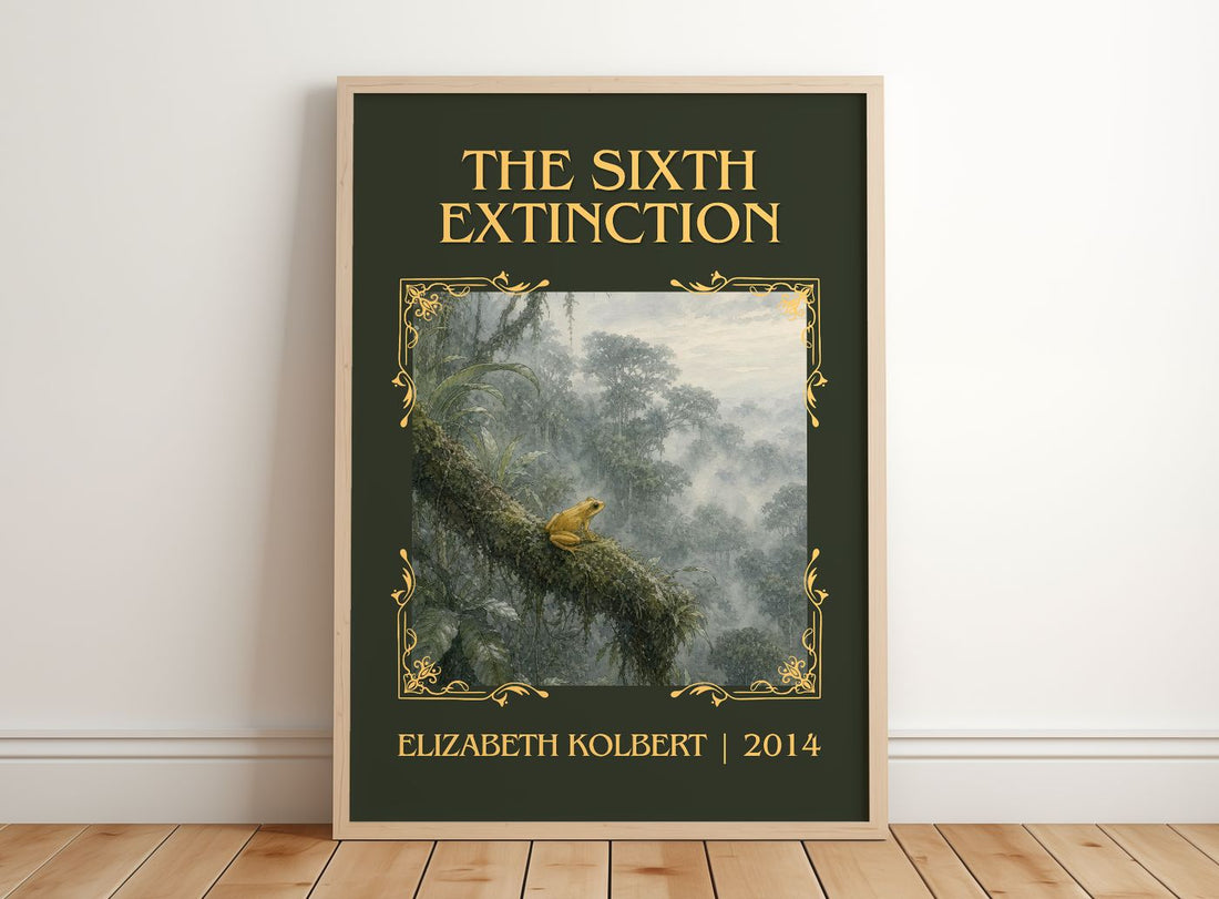 The Sixth Extinction Classic Book Art Print by Elizabeth Kolbert – framed print leaning on a wooden floor