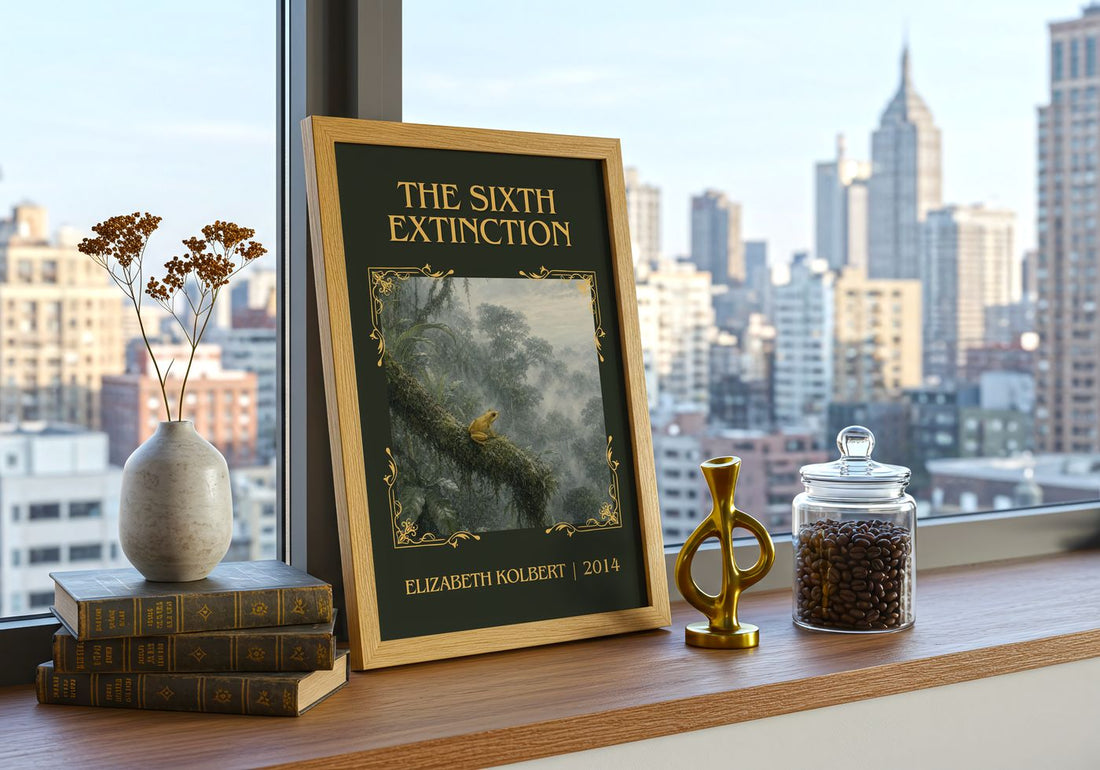 The Sixth Extinction Classic Book Art Print by Elizabeth Kolbert – framed print on a city-view windowsill