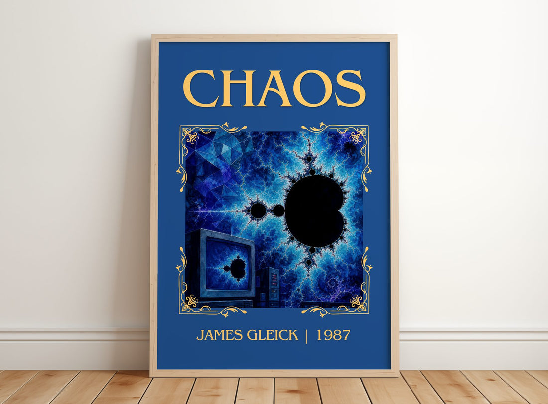 Chaos Classic Book Art Print by James Gleick – framed print leaning on a wooden floor
