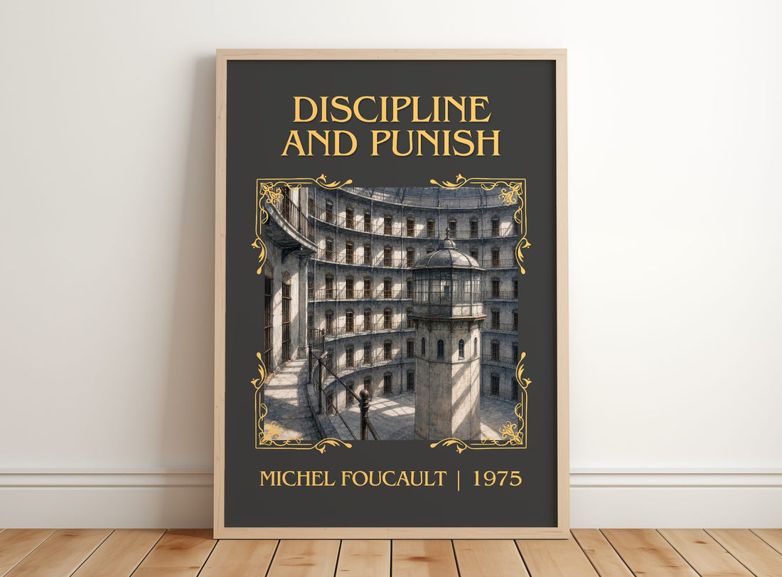 Discipline and Punish Classic Book Art Print by Michel Foucault – framed print leaning on a wooden floor