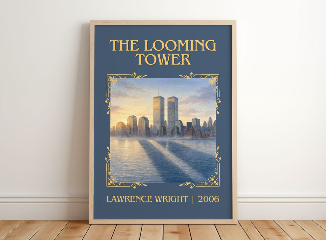 The Looming Tower Classic Book Art Print by Lawrence Wright – framed print leaning on a wooden floor