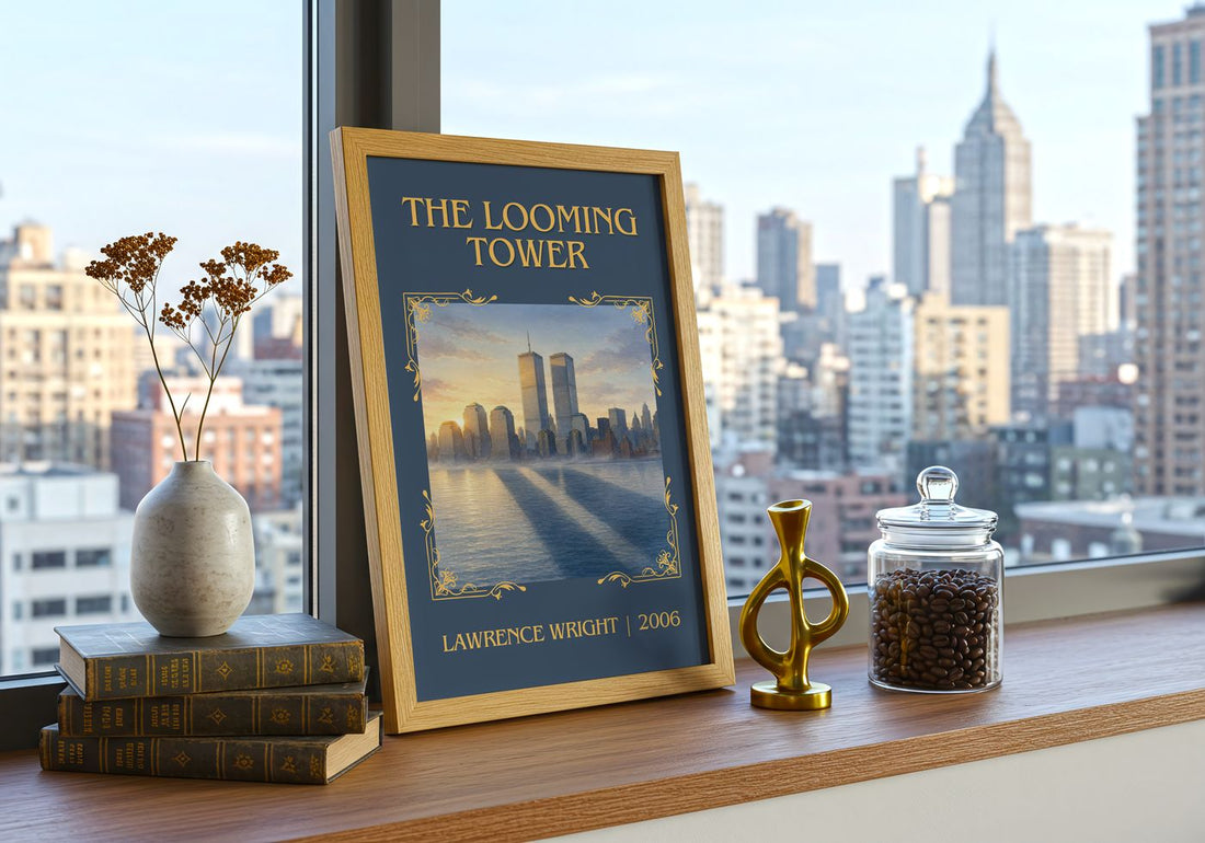 The Looming Tower Classic Book Art Print by Lawrence Wright – framed print on a city-view windowsill