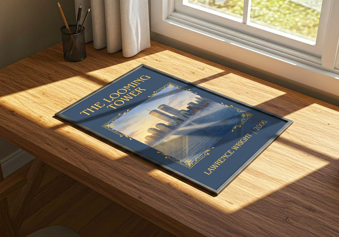 The Looming Tower Classic Book Art Print by Lawrence Wright – print on a sunlit desk