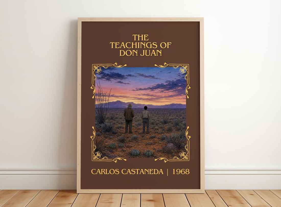 The Teachings Of Don Juan Classic Book Art Print by Carlos Castaneda – framed print leaning on a wooden floor
