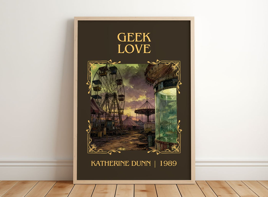 Geek Love Classic Book Art Print by Katherine Dunn – framed print leaning on a wooden floor