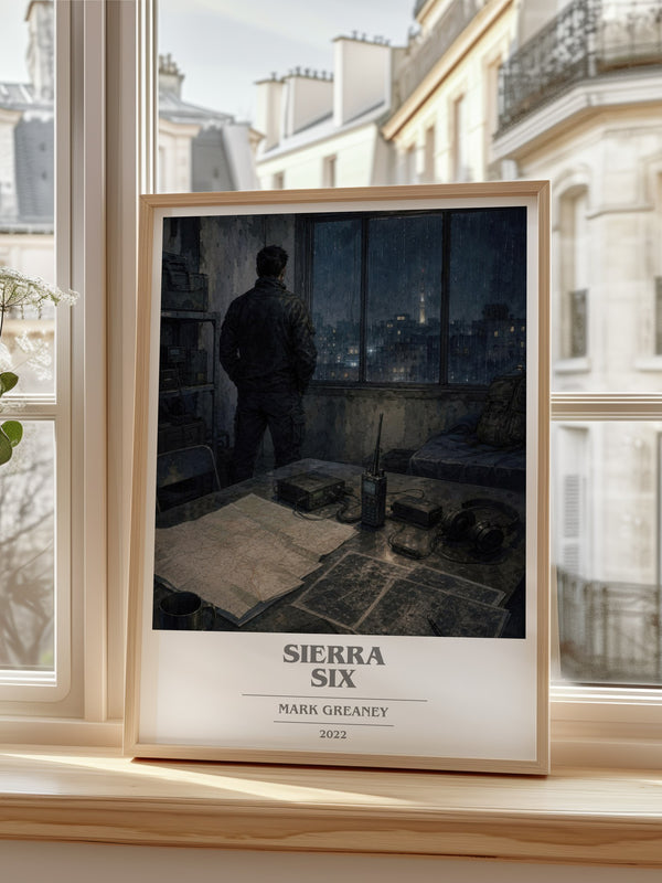 Sierra Six Book Cover Poster by Mark Greaney – framed print by a bright window