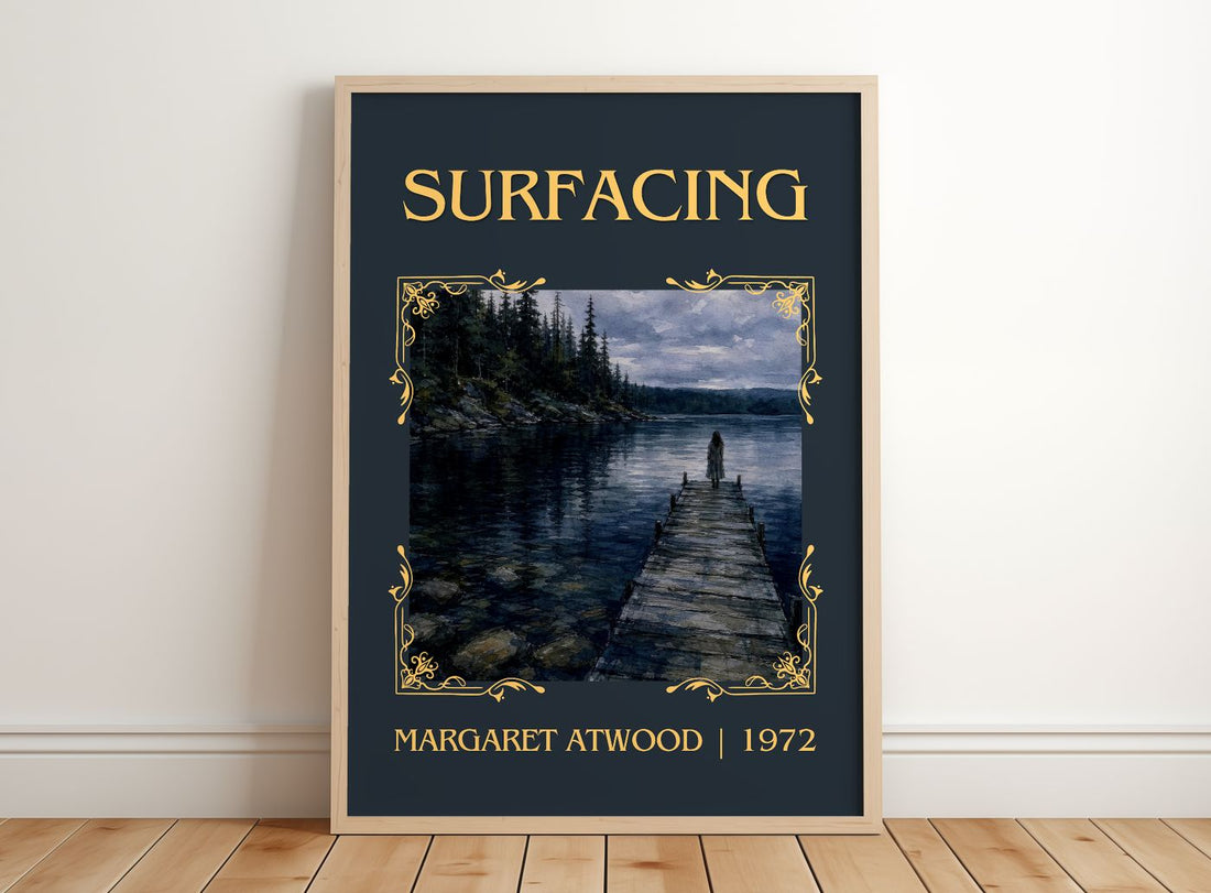 Surfacing Classic Book Art Print by Margaret Atwood – framed print leaning on a wooden floor