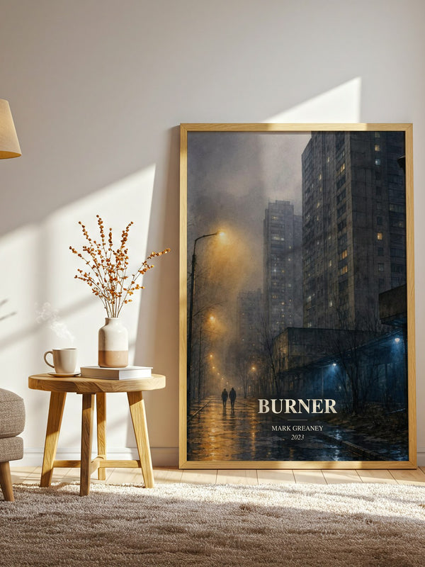 Burner watercolour print in frame leaning in hallway – thriller wall art