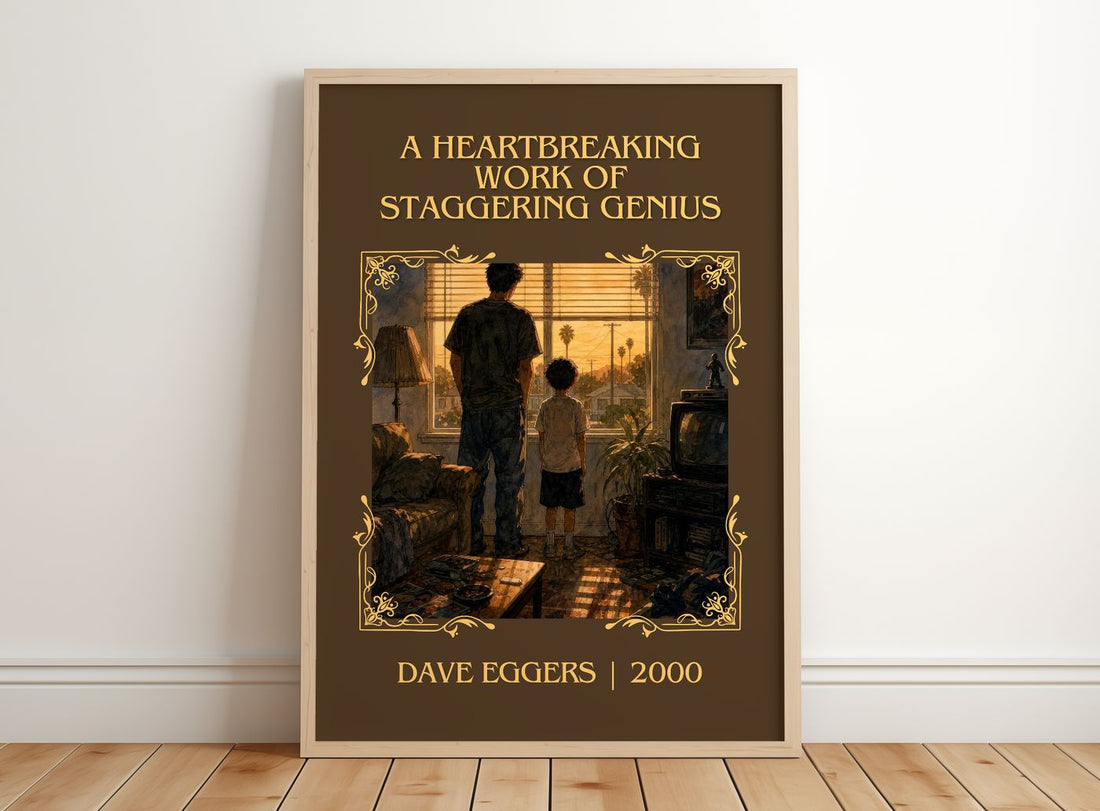 A Heartbreaking Work of Staggering Genius Classic Book Art Print by Dave Eggers – framed print leaning on a wooden floor