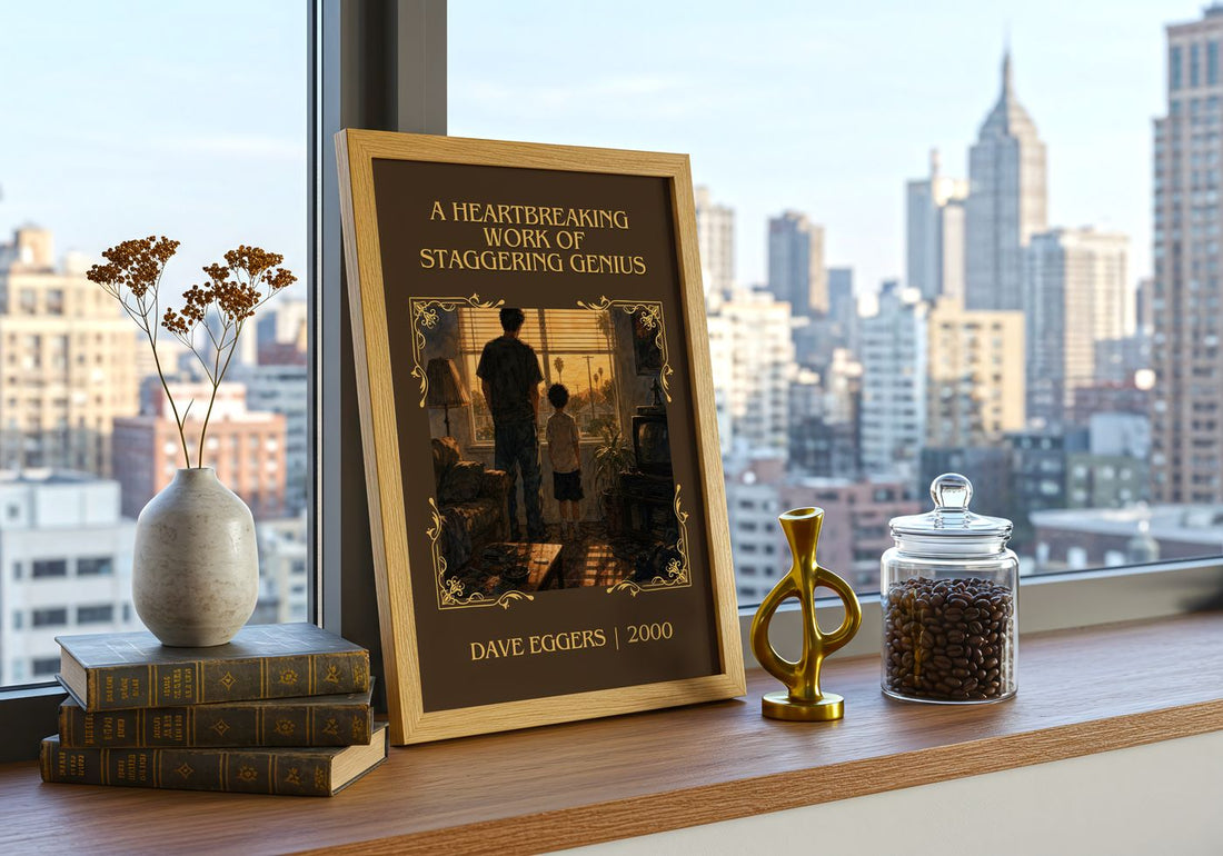 A Heartbreaking Work of Staggering Genius Classic Book Art Print by Dave Eggers – framed print on a city-view windowsill
