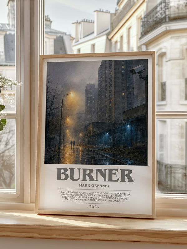 Burner Bookish Wall Art by Mark Greaney – framed print by a bright window