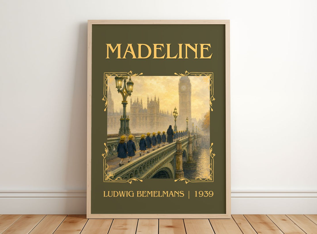 Madeline Classic Book Art Print by Ludwig Bemelmans – framed print leaning on a wooden floor