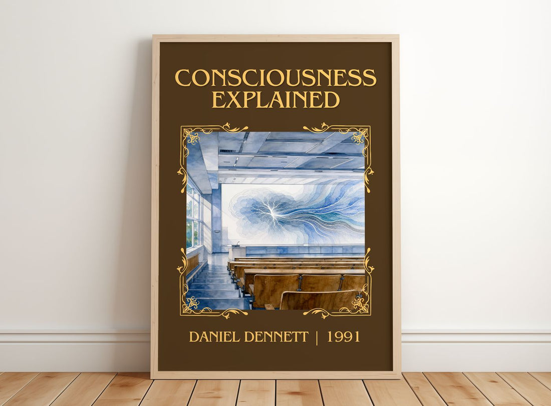 Consciousness Explained Classic Book Art Print by Daniel Dennett – framed print leaning on a wooden floor