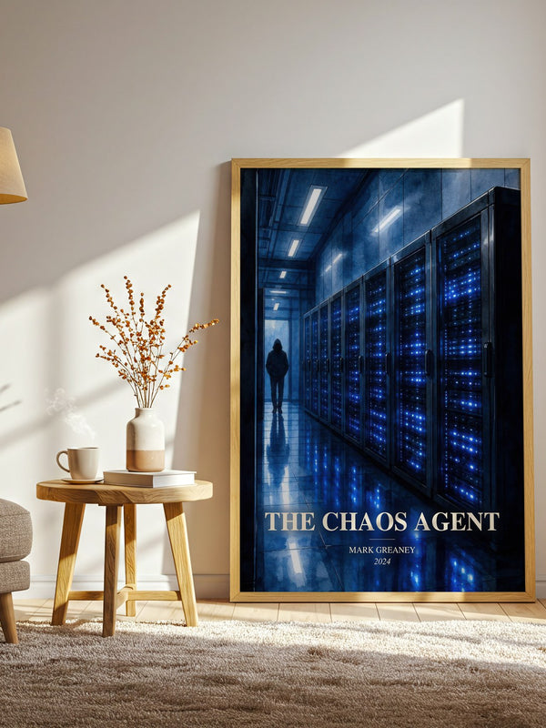 The Chaos Agent watercolour print in frame leaning in hallway – thriller wall art