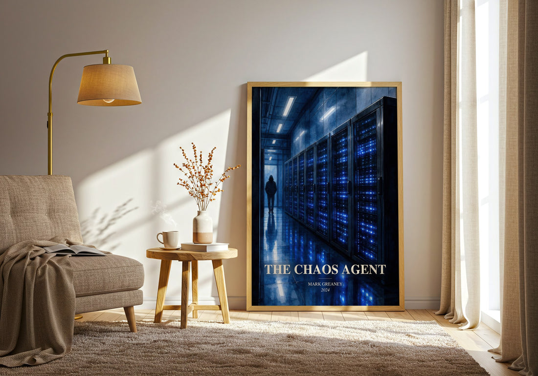 The Chaos Agent watercolour print in frame leaning in hallway – thriller wall art (mockup)