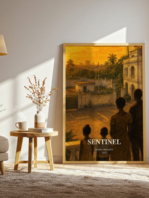 Sentinel watercolour print in frame leaning in hallway – thriller wall art