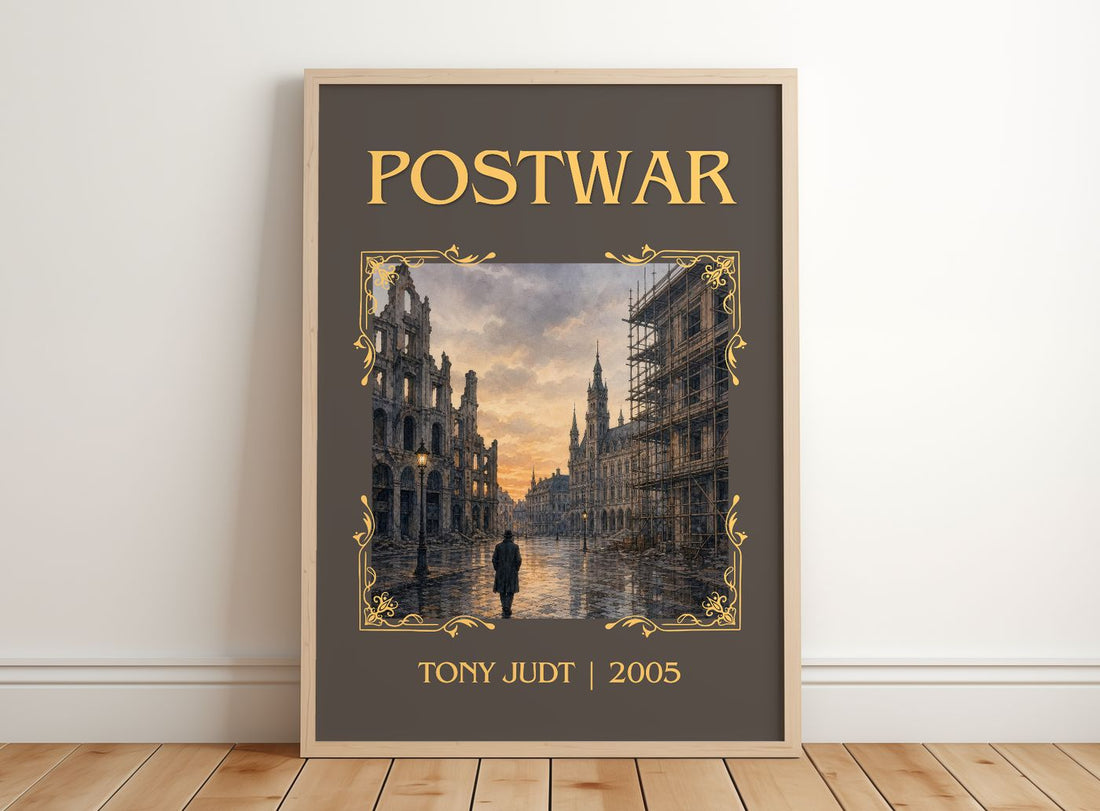 Postwar Classic Book Art Print by Tony Judt – framed print leaning on a wooden floor