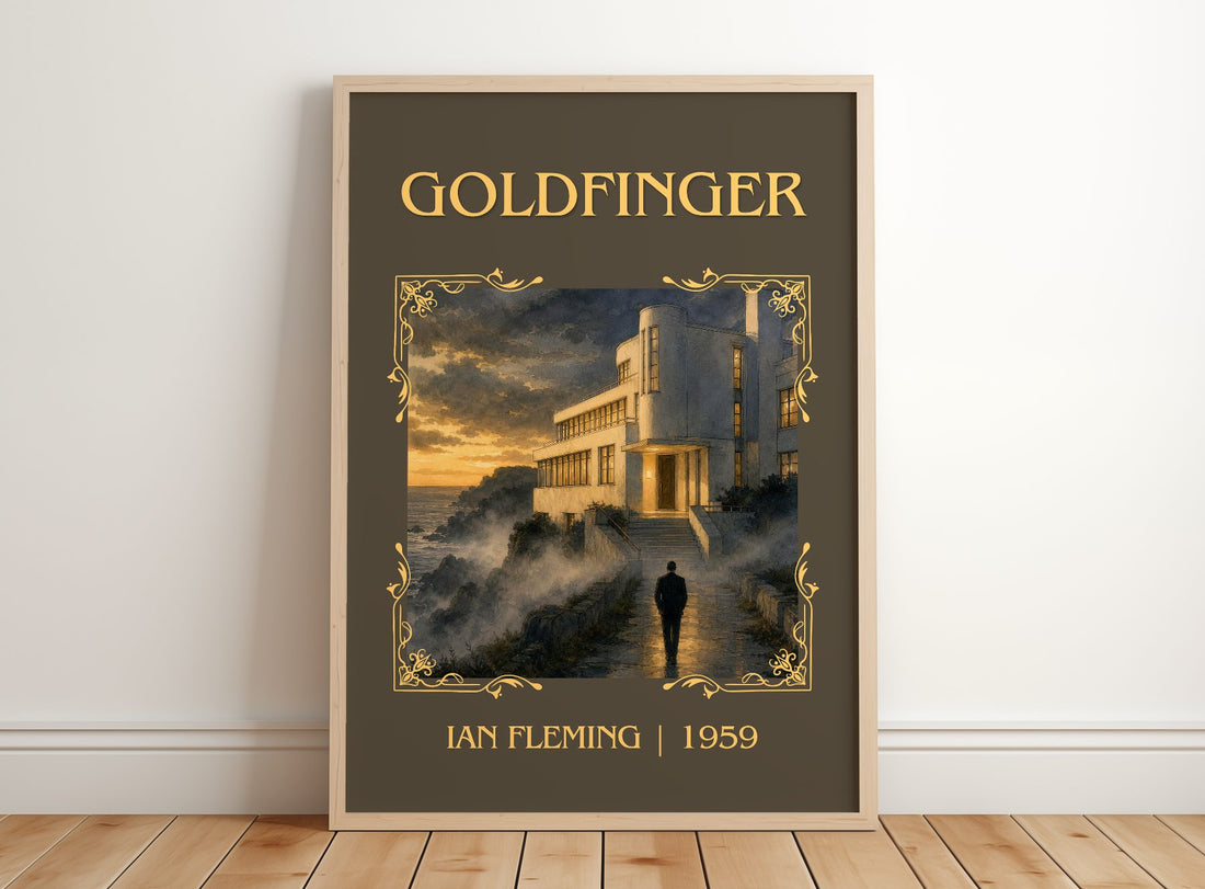Goldfinger Classic Book Art Print by Ian Fleming – framed print leaning on a wooden floor