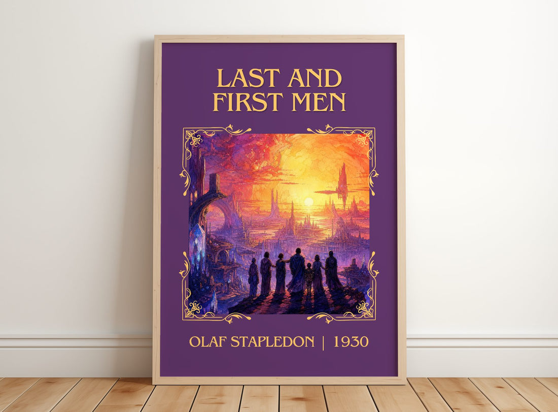 Last And First Men Classic Book Art Print by Olaf Stapledon – framed print leaning on a wooden floor