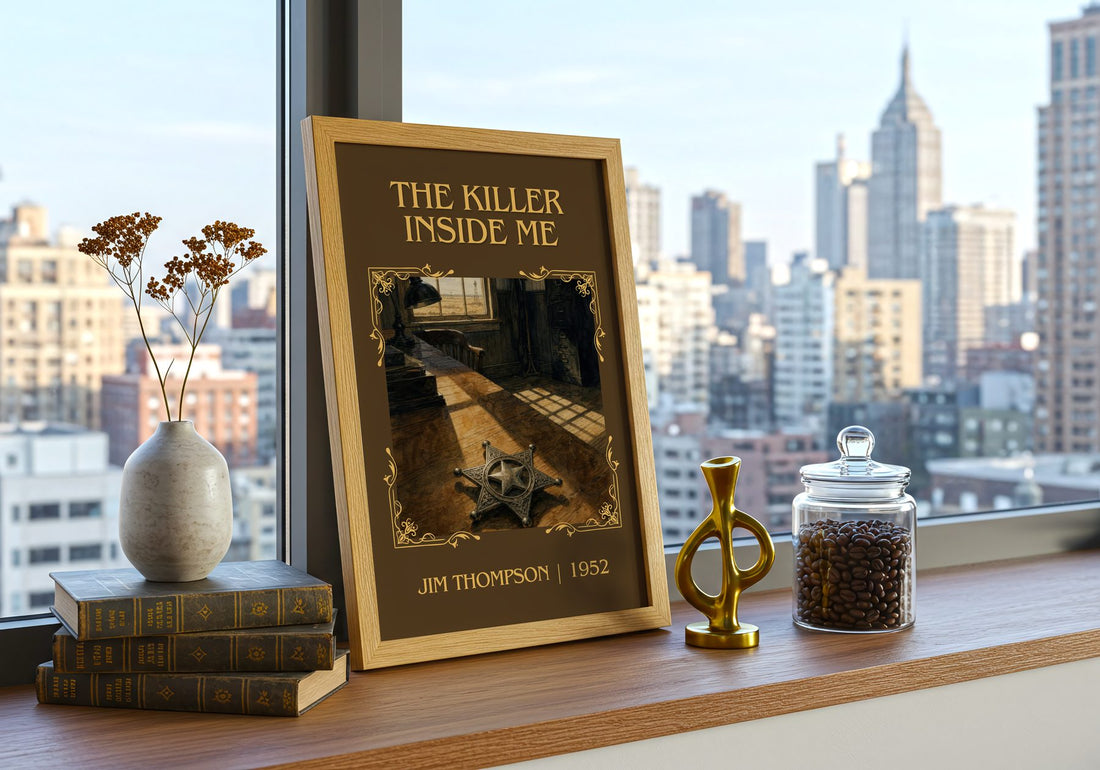 The Killer Inside Me Classic Book Art Print by Jim Thompson – framed print on a city-view windowsill